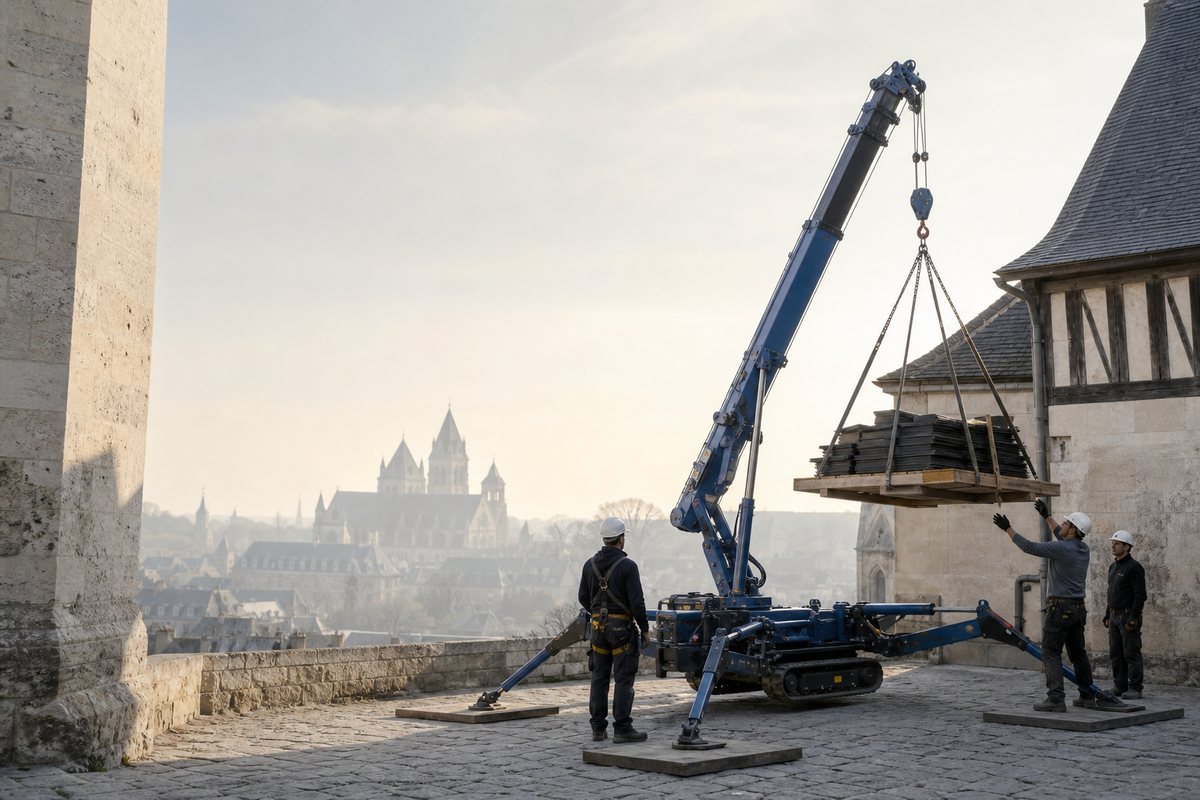 Mise en situation d’un mini-grue araignée avec une équipe de levage pour restauration en périmètre cathédrale, dans un environnement inspiré de Chartres