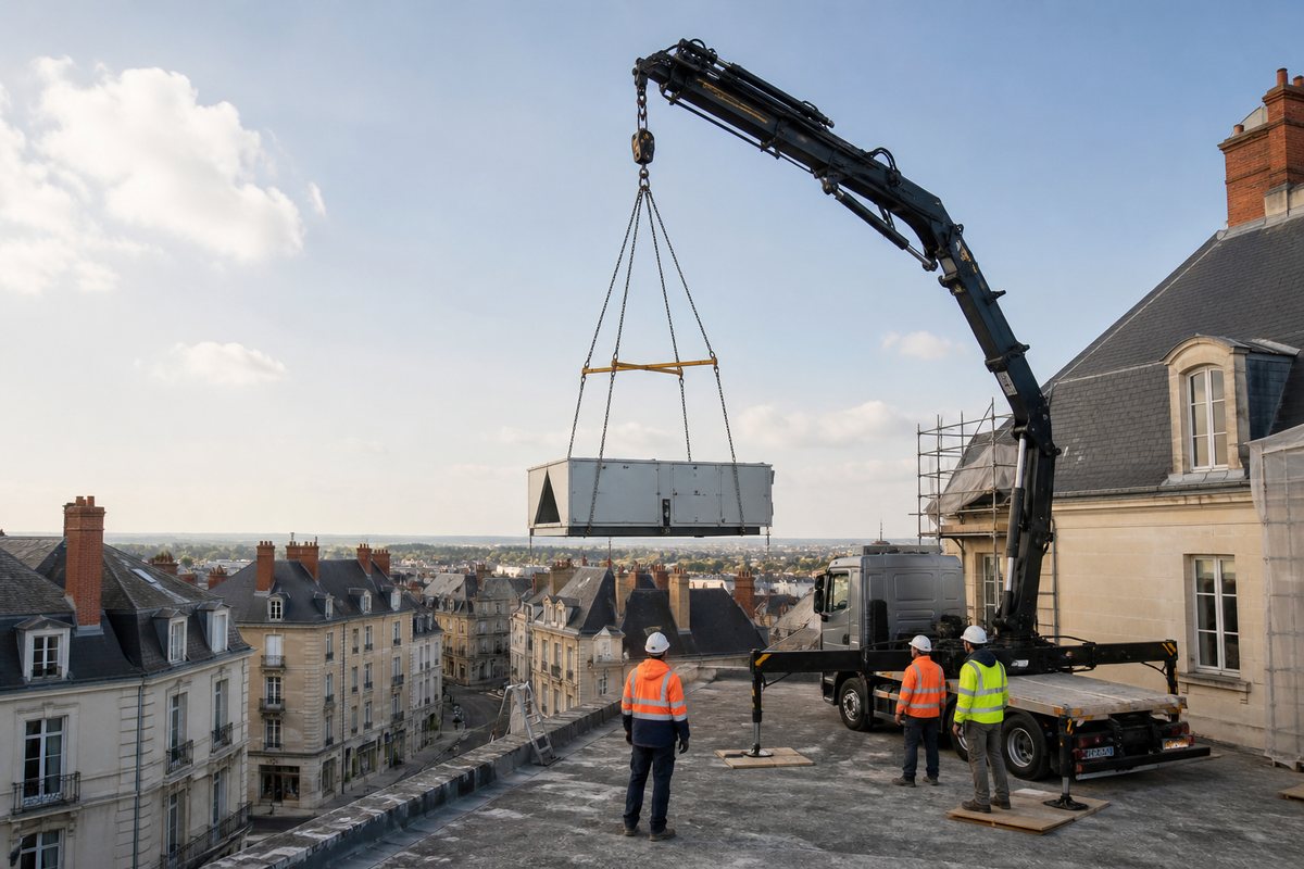 Mise en situation d’un camion-grue européen avec une équipe de levage pour rénovation en centre-ville, dans un environnement inspiré de Châteauroux
