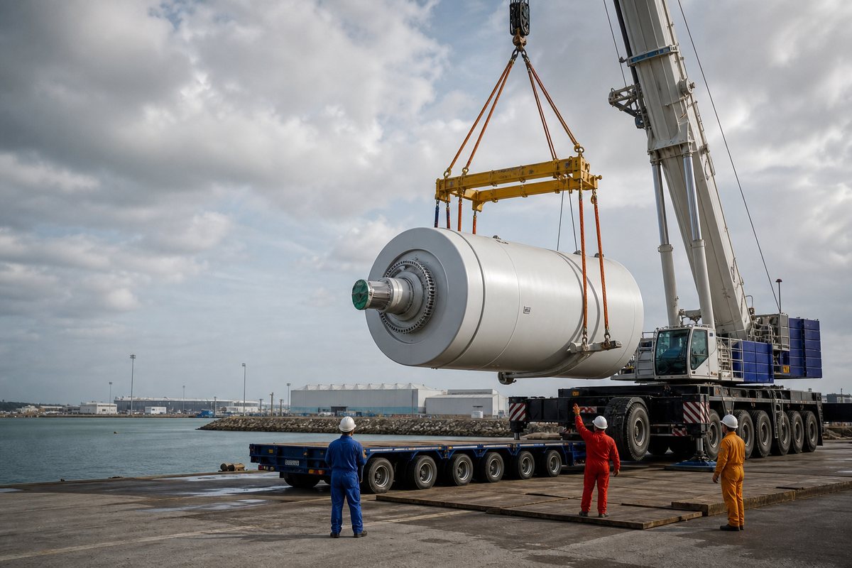Mise en situation d’un grue mobile automotrice avec une équipe de levage pour levage composant éolien offshore, dans un environnement inspiré de Cherbourg-en-Cotentin