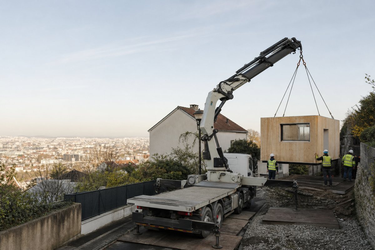 Mise en situation d’un camion-grue européen avec une équipe de levage pour surélévation de pavillon sur le coteau, dans un environnement inspiré de Clamart