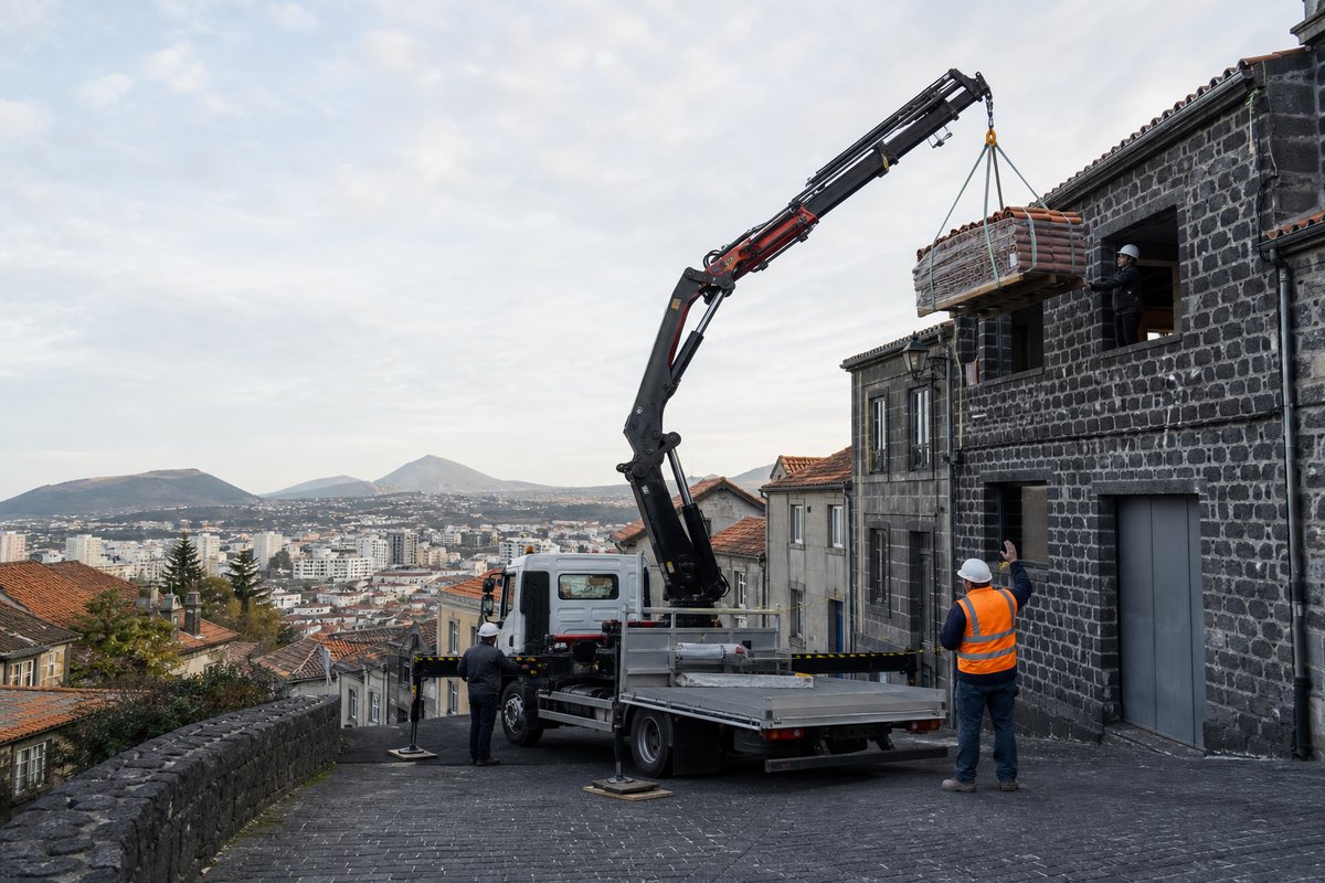 Mise en situation d’un camion-grue européen avec une équipe de levage pour réfection de couverture, vieille ville, dans un environnement inspiré de Clermont-Ferrand
