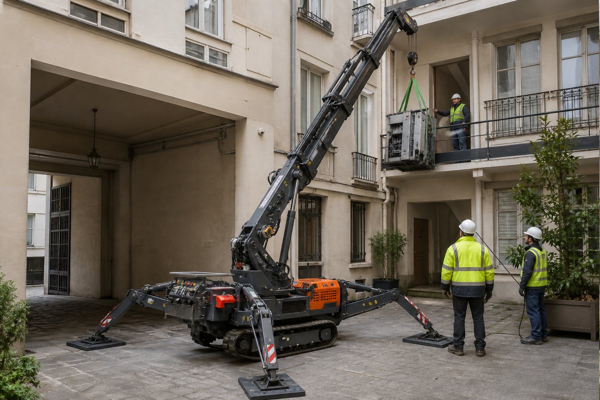 Mise en situation d’un mini-grue araignée avec une équipe de levage pour machinerie d'ascenseur en cour d'immeuble, dans un environnement inspiré de Clichy