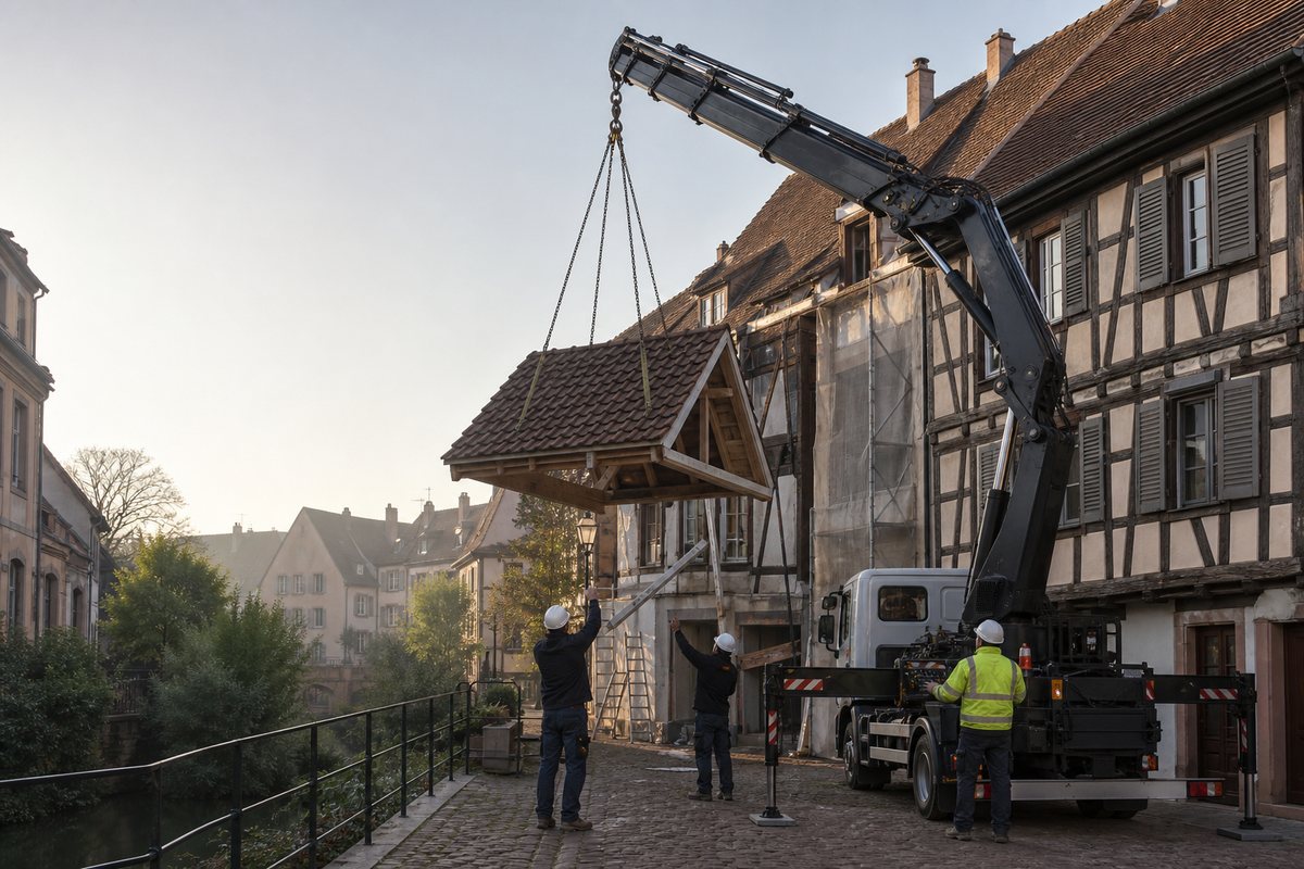 Mise en situation d’un camion-grue européen avec une équipe de levage pour réfection de toiture sur maison à colombages, quartier des tanneurs, dans un environnement inspiré de Colmar
