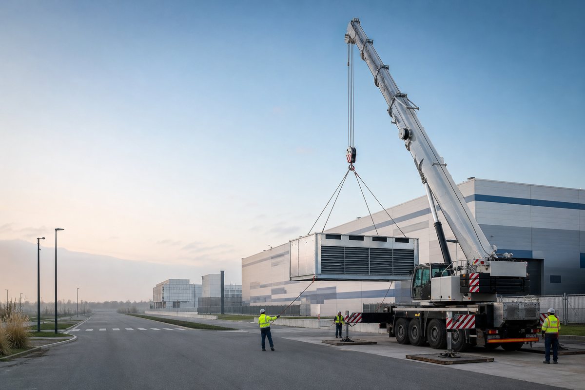 Mise en situation d’un grue mobile automotrice avec une équipe de levage pour levage industriel à aéroconstellation, dans un environnement inspiré de Colomiers