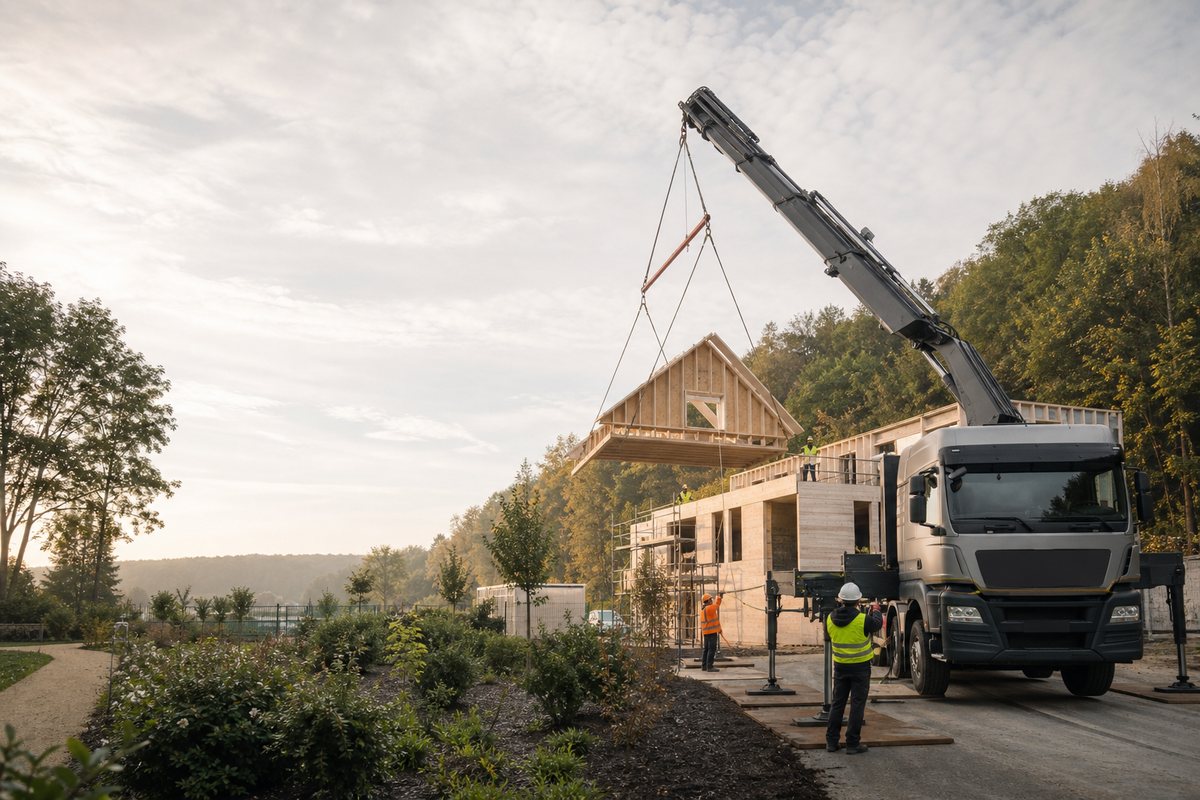 Mise en situation d’un camion-grue européen avec une équipe de levage pour rénovation urbaine à royallieu, dans un environnement inspiré de Compiègne