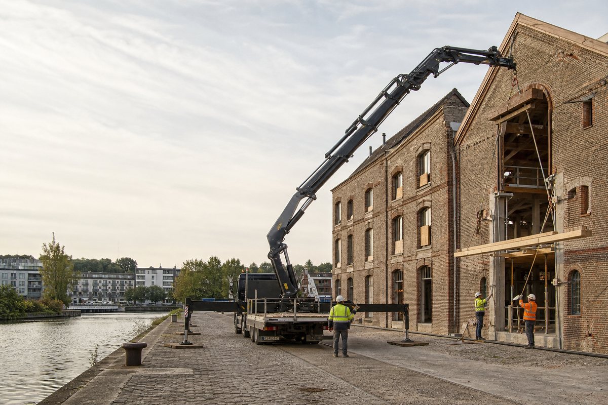Mise en situation d’un camion-grue européen avec une équipe de levage pour réhabilitation d'ancienne minoterie, dans un environnement inspiré de Corbeil-Essonnes