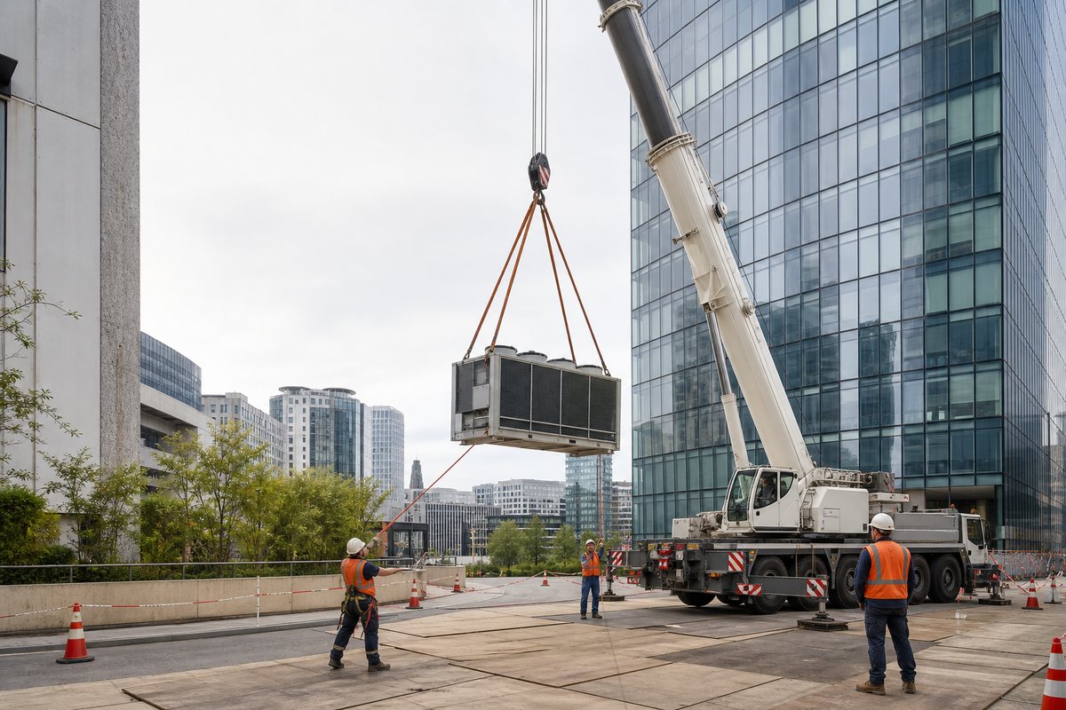 Mise en situation d’un grue mobile automotrice avec une équipe de levage pour remplacement de groupe froid en toiture de tour, dans un environnement inspiré de Courbevoie