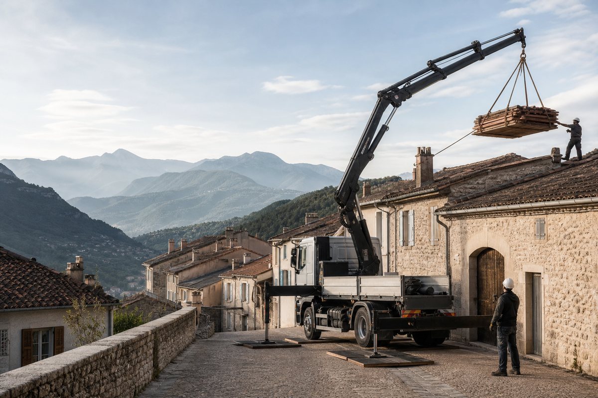 Mise en situation d’un camion-grue européen avec une équipe de levage pour charpente d'un pavillon, contreforts de la bléone, dans un environnement inspiré de Digne-les-Bains
