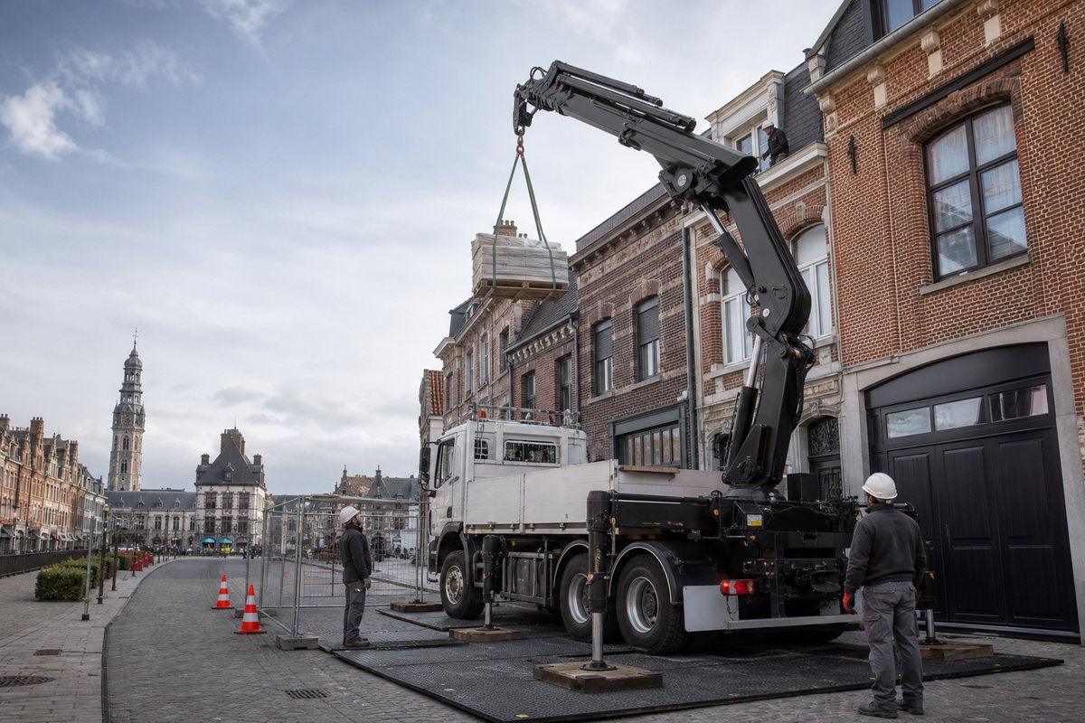 Mise en situation d’un camion-grue européen avec une équipe de levage pour rénovation en secteur sauvegardé près du beffroi, dans un environnement inspiré de Douai