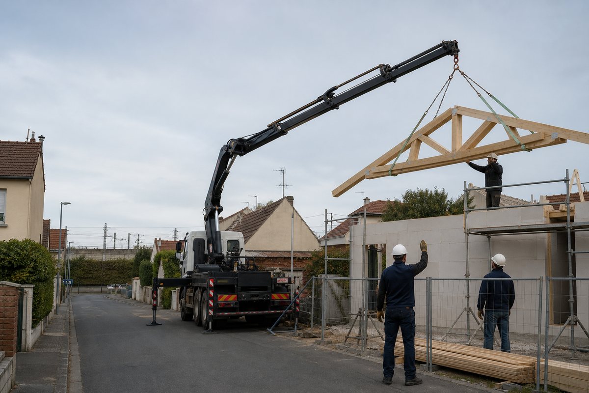 Mise en situation d’un camion-grue européen avec une équipe de levage pour pose de charpente sur extension pavillonnaire, quartier de l'économie, dans un environnement inspiré de Drancy