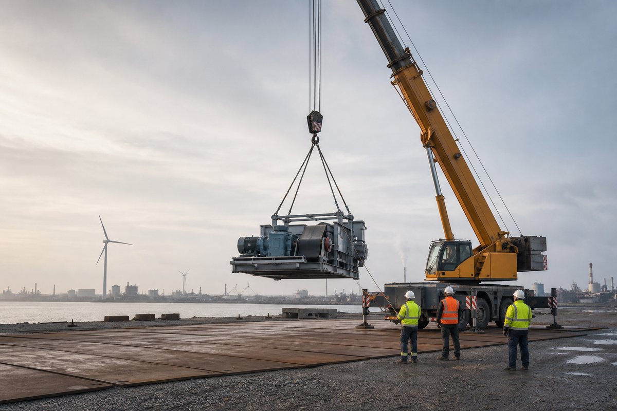 Mise en situation d’un grue mobile automotrice avec une équipe de levage pour maintenance de convoyeur sur site sidérurgique, dans un environnement inspiré de Dunkerque