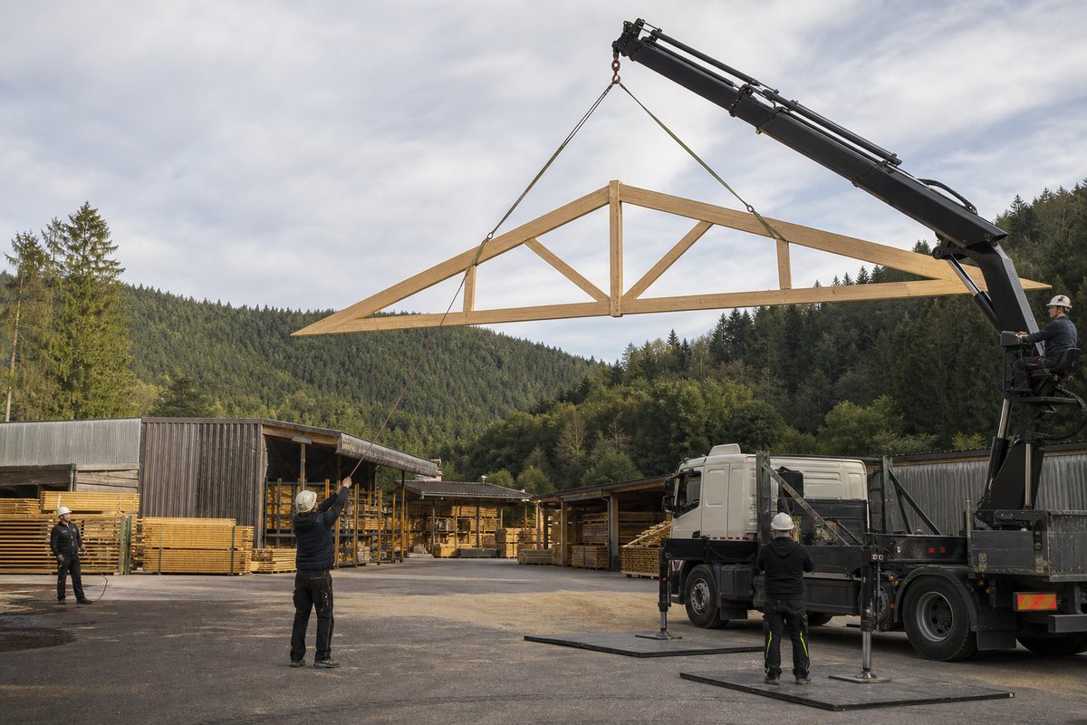 Mise en situation d’un camion-grue européen avec une équipe de levage pour ossature bois maison individuelle, dans un environnement inspiré de Épinal