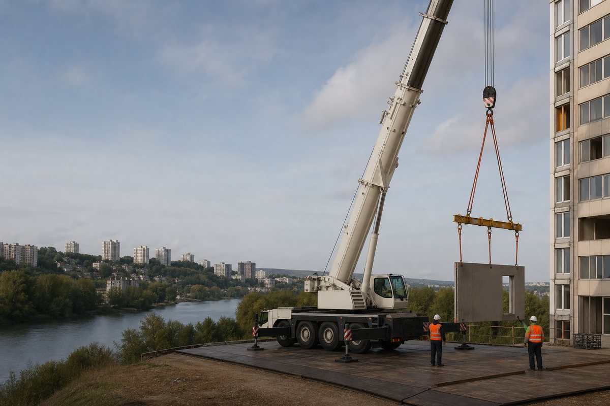 Mise en situation d’un grue mobile automotrice avec une équipe de levage pour réhabilitation de tour à orgemont, dans un environnement inspiré de Épinay-sur-Seine