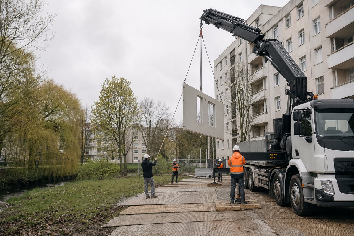 Mise en situation d’un camion-grue européen avec une équipe de levage pour rénovation urbaine à nétreville, dans un environnement inspiré de Évreux