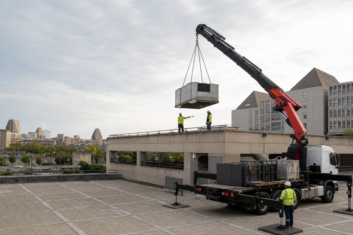 Mise en situation d’un camion-grue européen avec une équipe de levage pour remplacement d'équipement technique sur bâtiment public du centre, dans un environnement inspiré de Évry-Courcouronnes