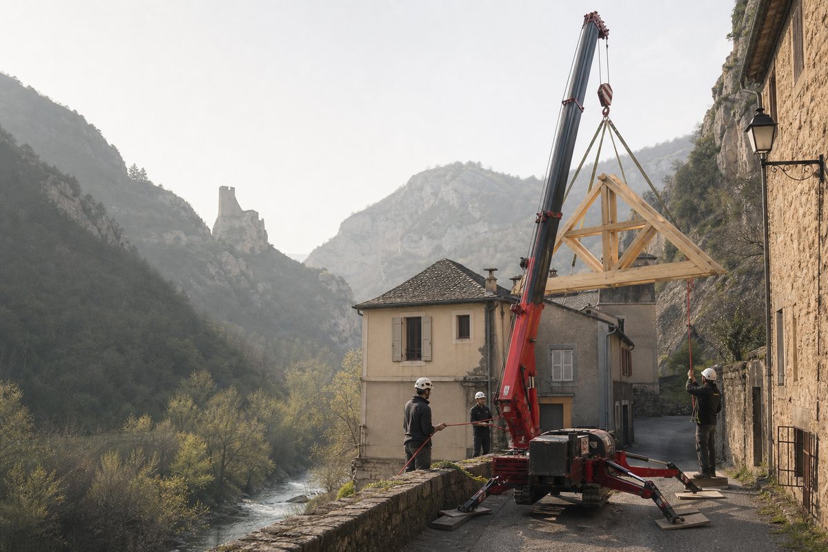 Mise en situation d’un mini-grue araignée avec une équipe de levage pour restauration d'une toiture, pied du château, dans un environnement inspiré de Foix
