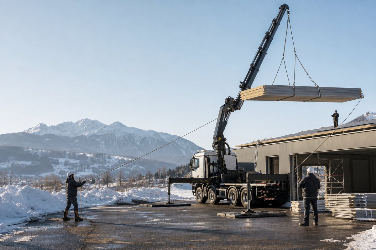 Mise en situation d’un camion-grue européen avec une équipe de levage pour déneigement et levage toiture industrielle, dans un environnement inspiré de Gap