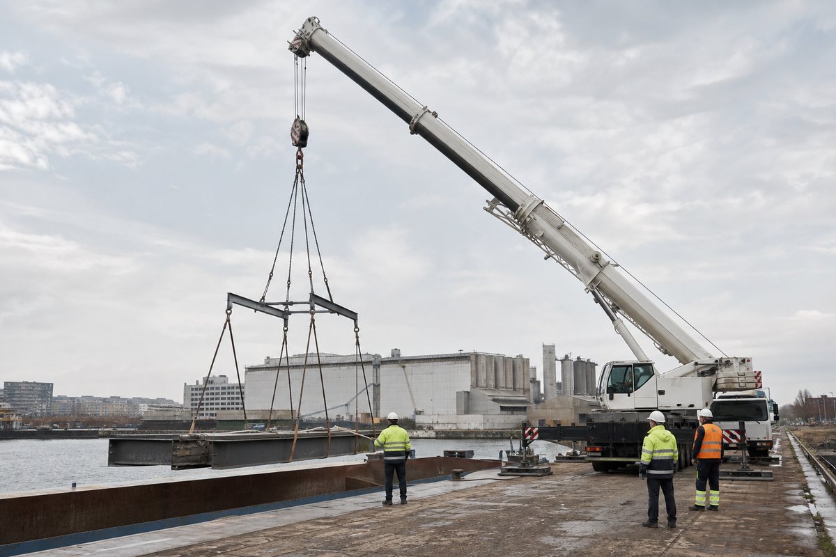 Mise en situation d’un grue mobile automotrice avec une équipe de levage pour déchargement de structures métalliques au port, dans un environnement inspiré de Gennevilliers