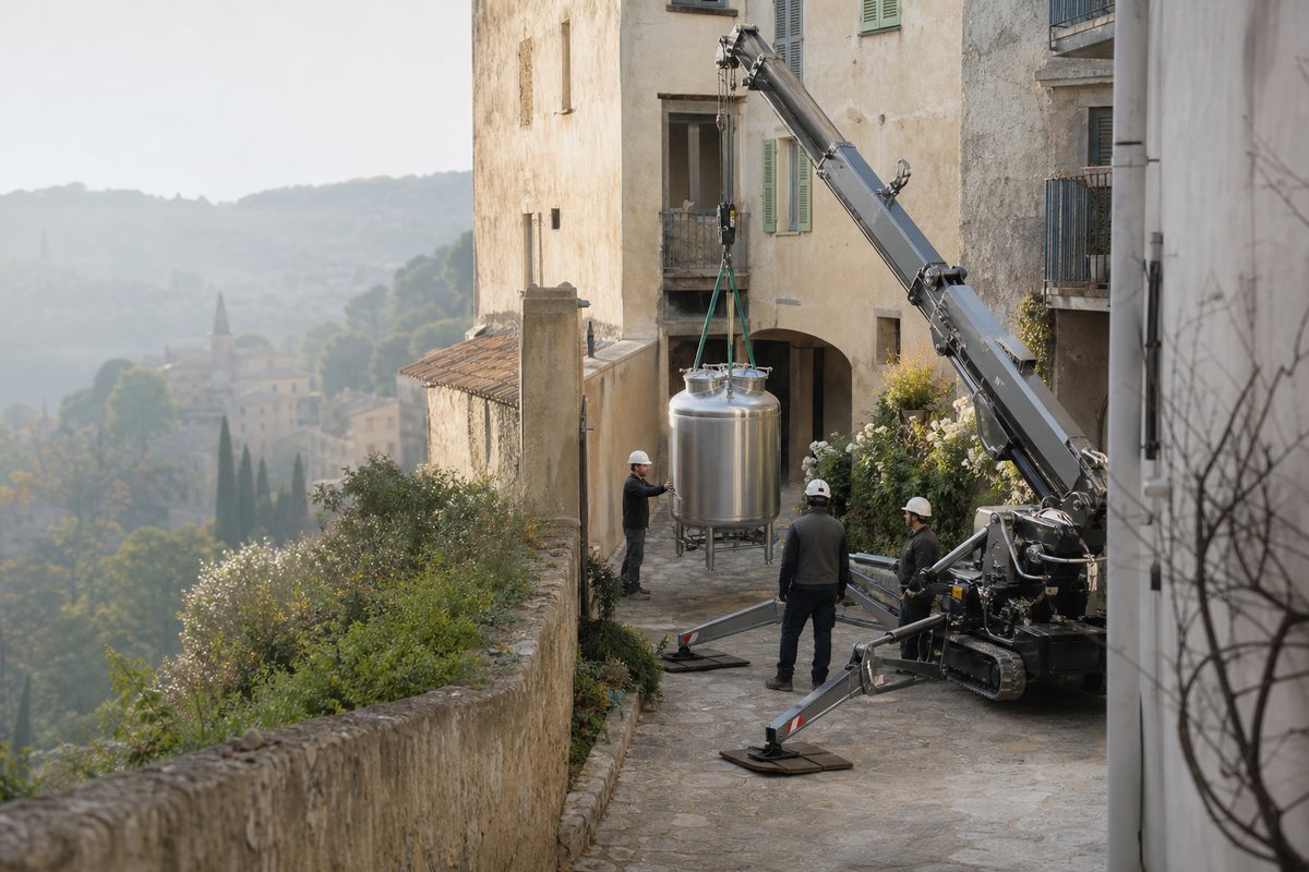 Mise en situation d’un mini-grue araignée avec une équipe de levage pour remplacement de cuve en maison de parfumerie, dans un environnement inspiré de Grasse