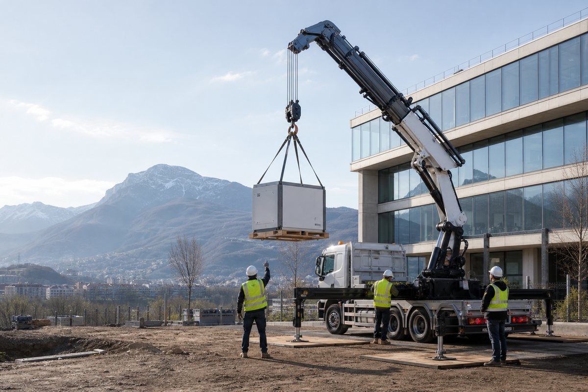 Mise en situation d’un camion-grue européen avec une équipe de levage pour charpente de logements, villeneuve, dans un environnement inspiré de Grenoble