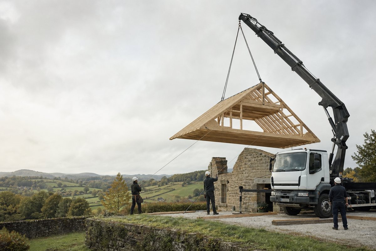 Mise en situation d’un camion-grue européen avec une équipe de levage pour charpente d'une maison individuelle, plateau de guéret, dans un environnement inspiré de Guéret