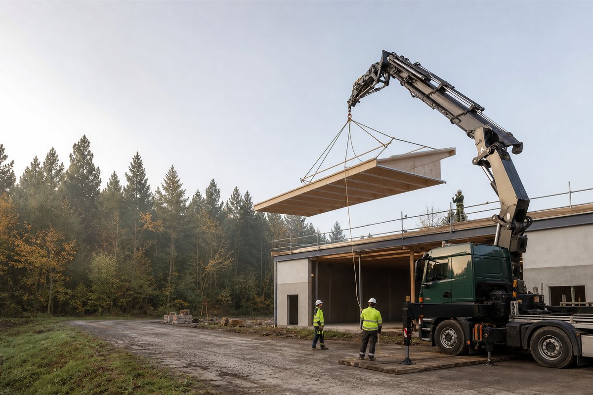 Mise en situation d’un camion-grue européen avec une équipe de levage pour rénovation toiture maison à colombages, dans un environnement inspiré de Haguenau