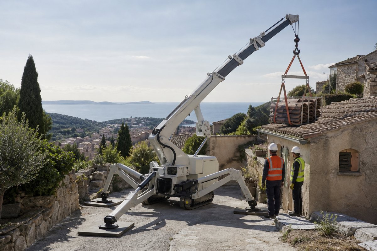 Mise en situation d’un mini-grue araignée avec une équipe de levage pour toiture de maison de village, dans un environnement inspiré de Hyères