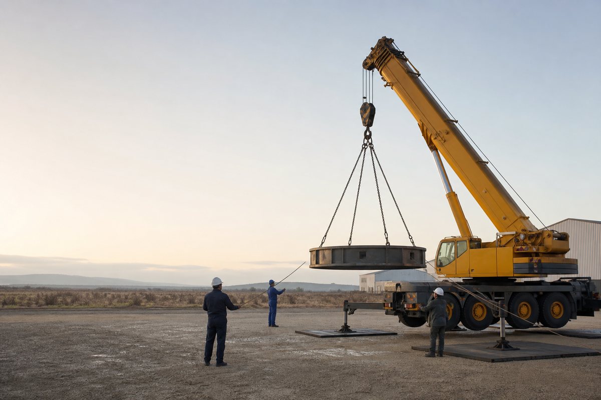 Mise en situation d’un grue mobile automotrice avec une équipe de levage pour maintenance industrielle en zone du tubé, dans un environnement inspiré de Istres