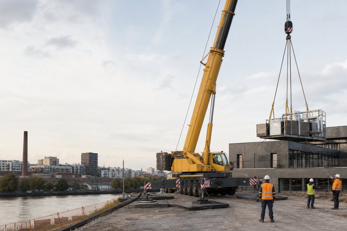 Mise en situation d’un grue mobile automotrice avec une équipe de levage pour levage de gaines techniques sur la zac confluences, dans un environnement inspiré de Ivry-sur-Seine