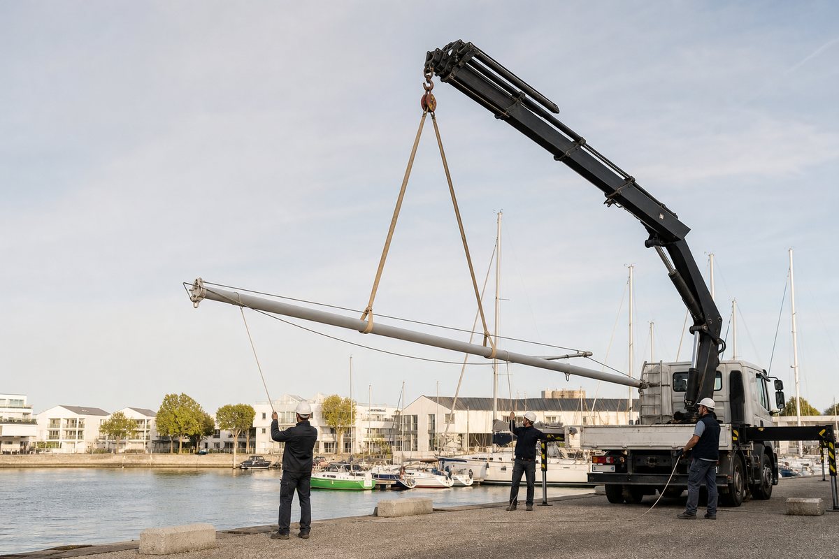 Mise en situation d’un camion-grue européen avec une équipe de levage pour mâtage et démâtage au port des minimes, dans un environnement inspiré de La Rochelle