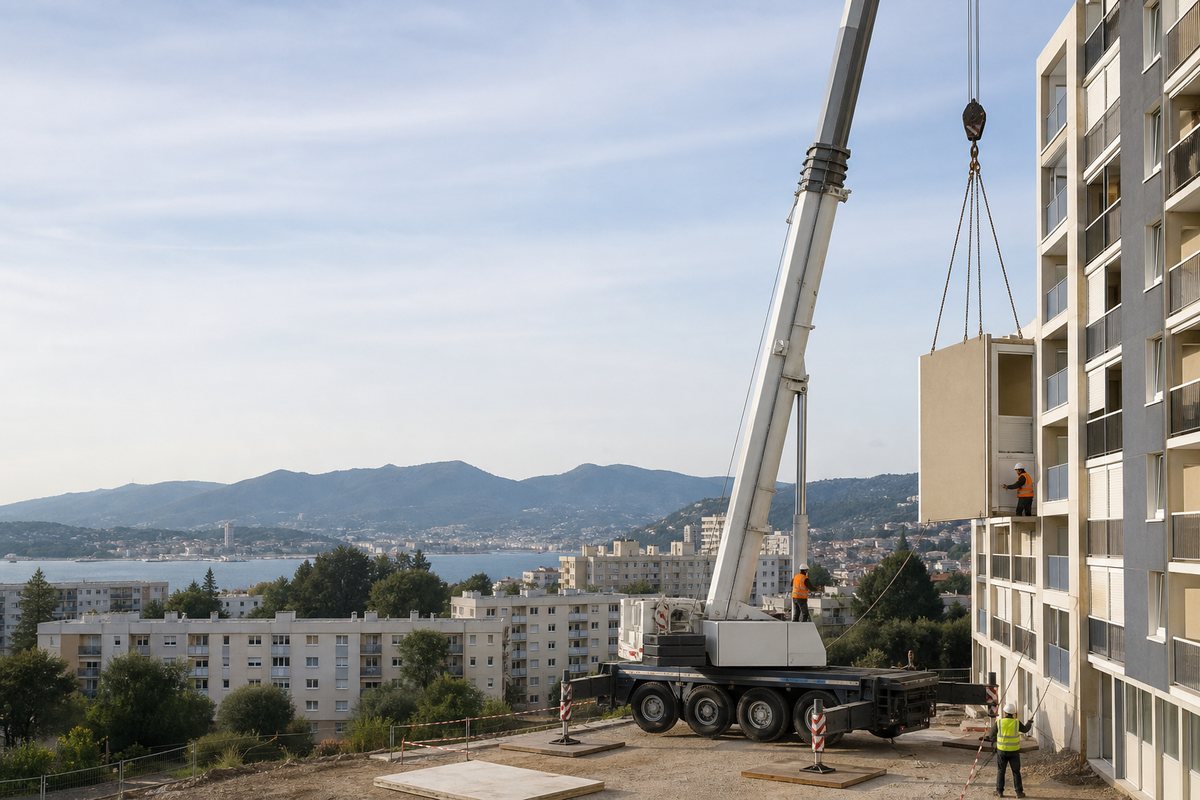 Mise en situation d’un grue mobile automotrice avec une équipe de levage pour réhabilitation d'une barre du quartier berthe, dans un environnement inspiré de La Seyne-sur-Mer