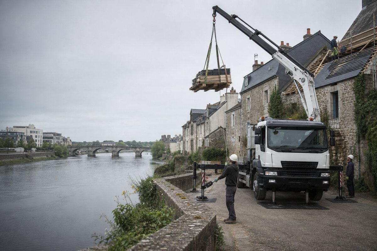 Mise en situation d’un camion-grue européen avec une équipe de levage pour pose de charpente rive gauche, dans un environnement inspiré de Laval