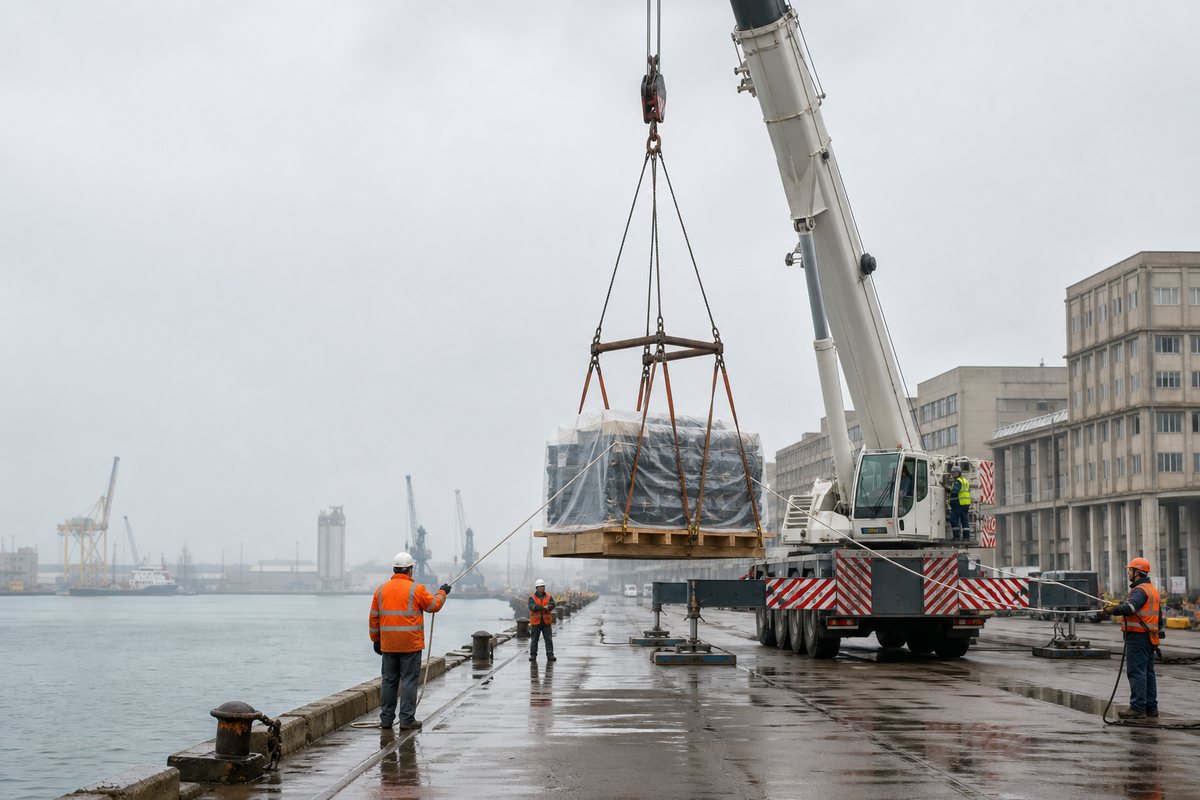 Mise en situation d’un grue mobile automotrice avec une équipe de levage pour colis lourd sur quai, bassin vauban, dans un environnement inspiré de Le Havre
