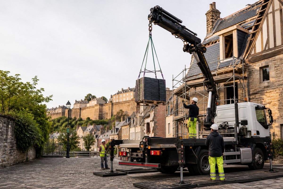 Mise en situation d’un camion-grue européen avec une équipe de levage pour réfection de toiture, cité plantagenêt, dans un environnement inspiré de Le Mans