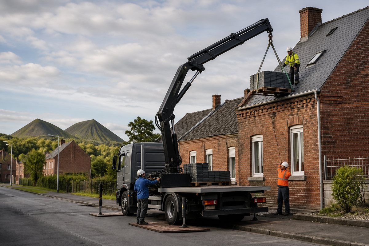 Mise en situation d’un camion-grue européen avec une équipe de levage pour rénovation toiture en cité minière, dans un environnement inspiré de Lens