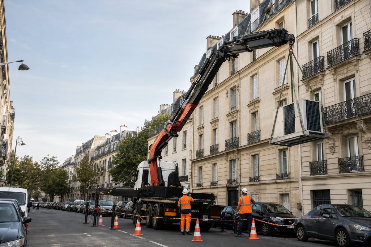 Mise en situation d’un camion-grue européen avec une équipe de levage pour pose de climatisation en toiture d'immeuble haussmannien, centre-ville, dans un environnement inspiré de Levallois-Perret