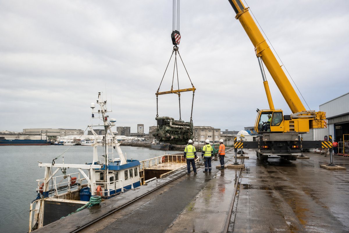 Mise en situation d’un grue mobile automotrice avec une équipe de levage pour levage de moteur de chalutier, dans un environnement inspiré de Lorient