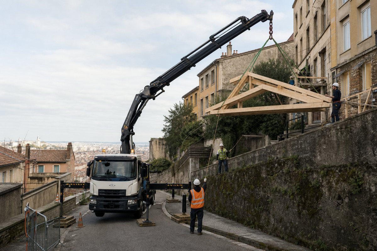 Mise en situation d’un camion-grue européen avec une équipe de levage pour charpente de surélévation, pentes de la croix-rousse, dans un environnement inspiré de Lyon