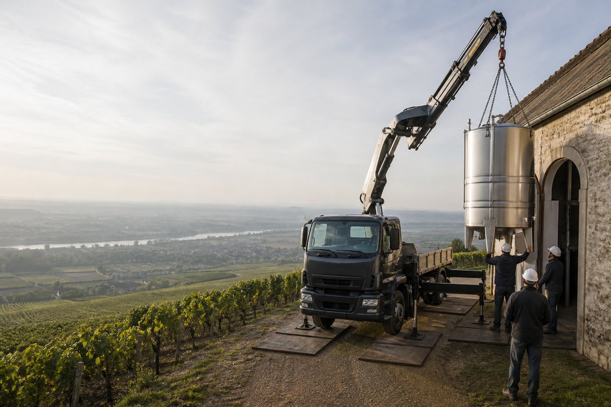 Mise en situation d’un camion-grue européen avec une équipe de levage pour pose d'une cuve de vinification, chai du mâconnais, dans un environnement inspiré de Mâcon