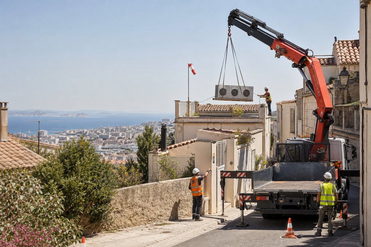Mise en situation d’un camion-grue européen avec une équipe de levage pour climatiseurs en toiture, le panier, dans un environnement inspiré de Marseille