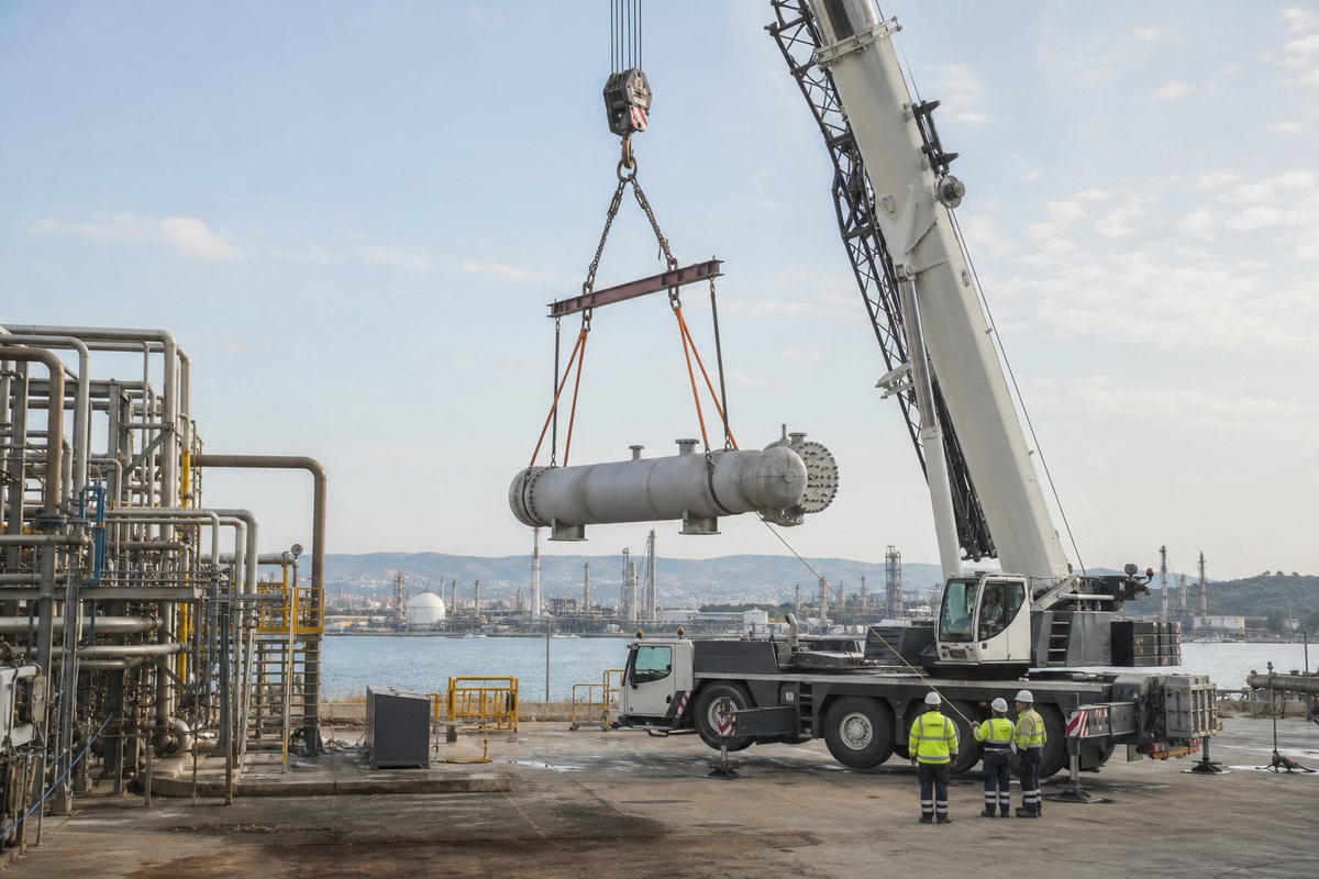 Mise en situation d’un grue mobile automotrice avec une équipe de levage pour arrêt technique en site industriel, dans un environnement inspiré de Martigues