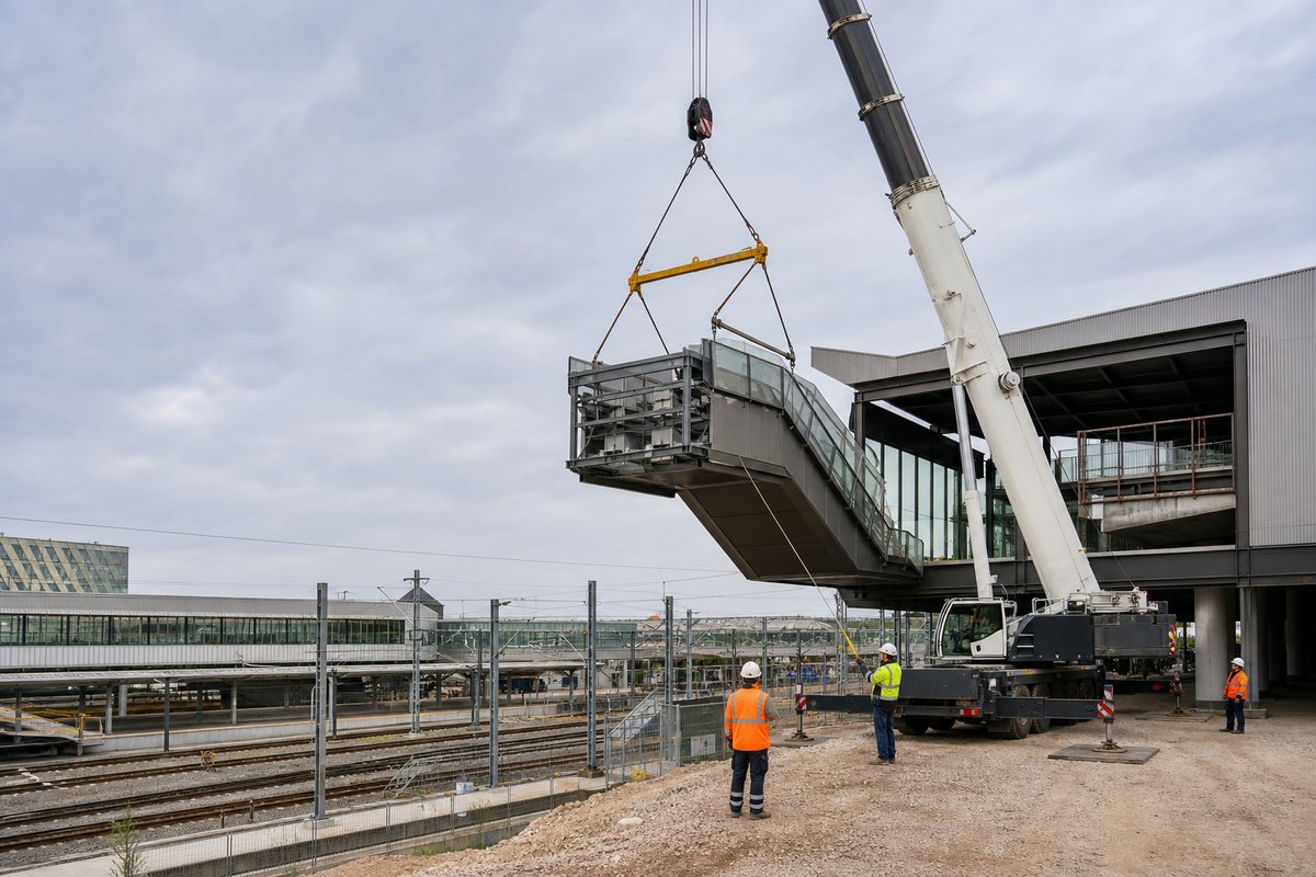 Mise en situation d’un grue mobile automotrice avec une équipe de levage pour levage près du pôle gares, dans un environnement inspiré de Massy