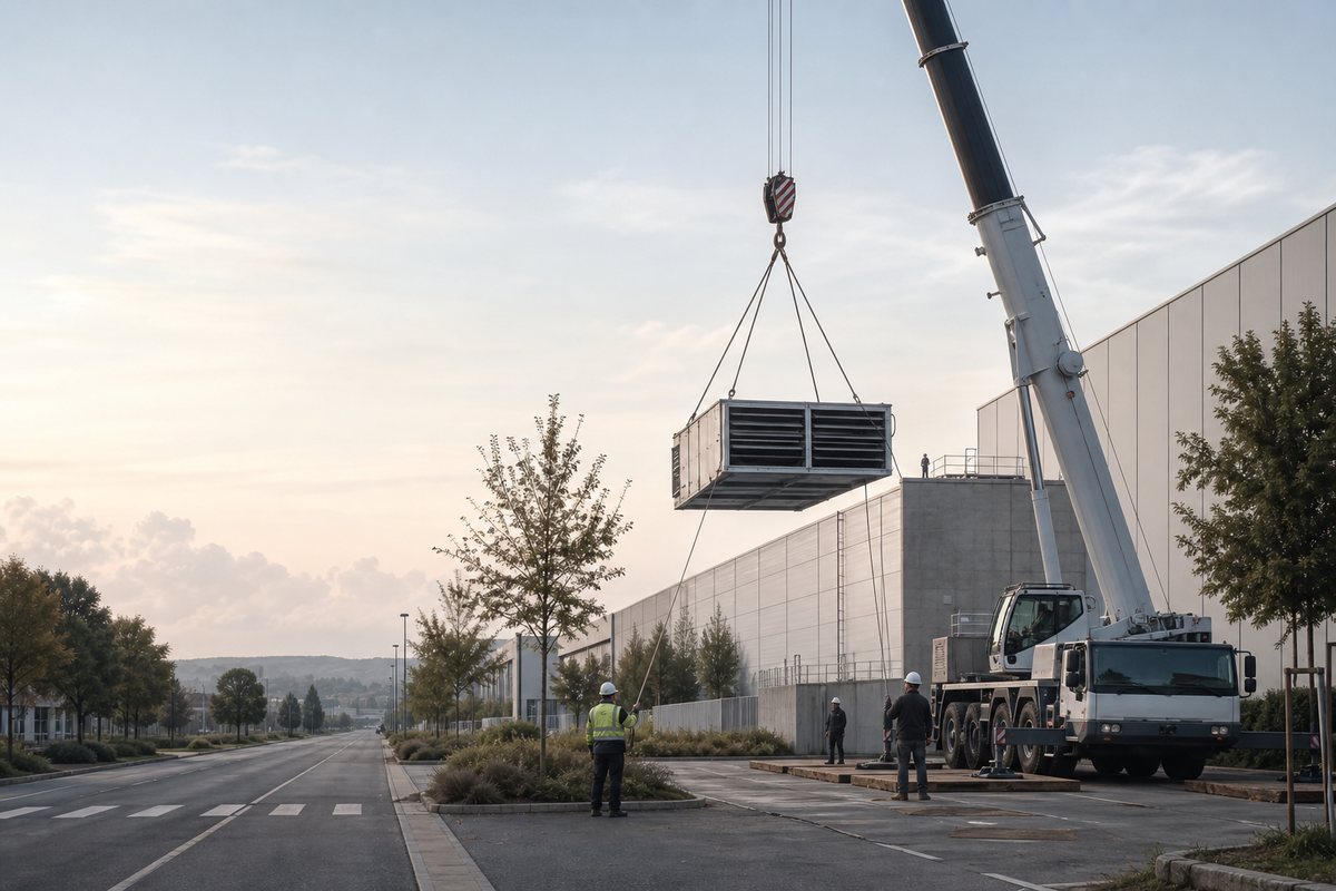 Mise en situation d’un grue mobile automotrice avec une équipe de levage pour levage d'un équipement logistique, plateforme de sénart, dans un environnement inspiré de Melun