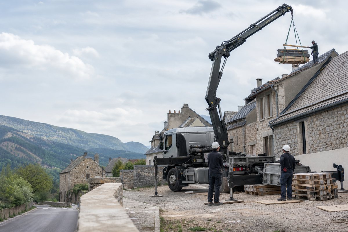 Mise en situation d’un camion-grue européen avec une équipe de levage pour charpente d'un chalet, contreforts du mont mimat, dans un environnement inspiré de Mende