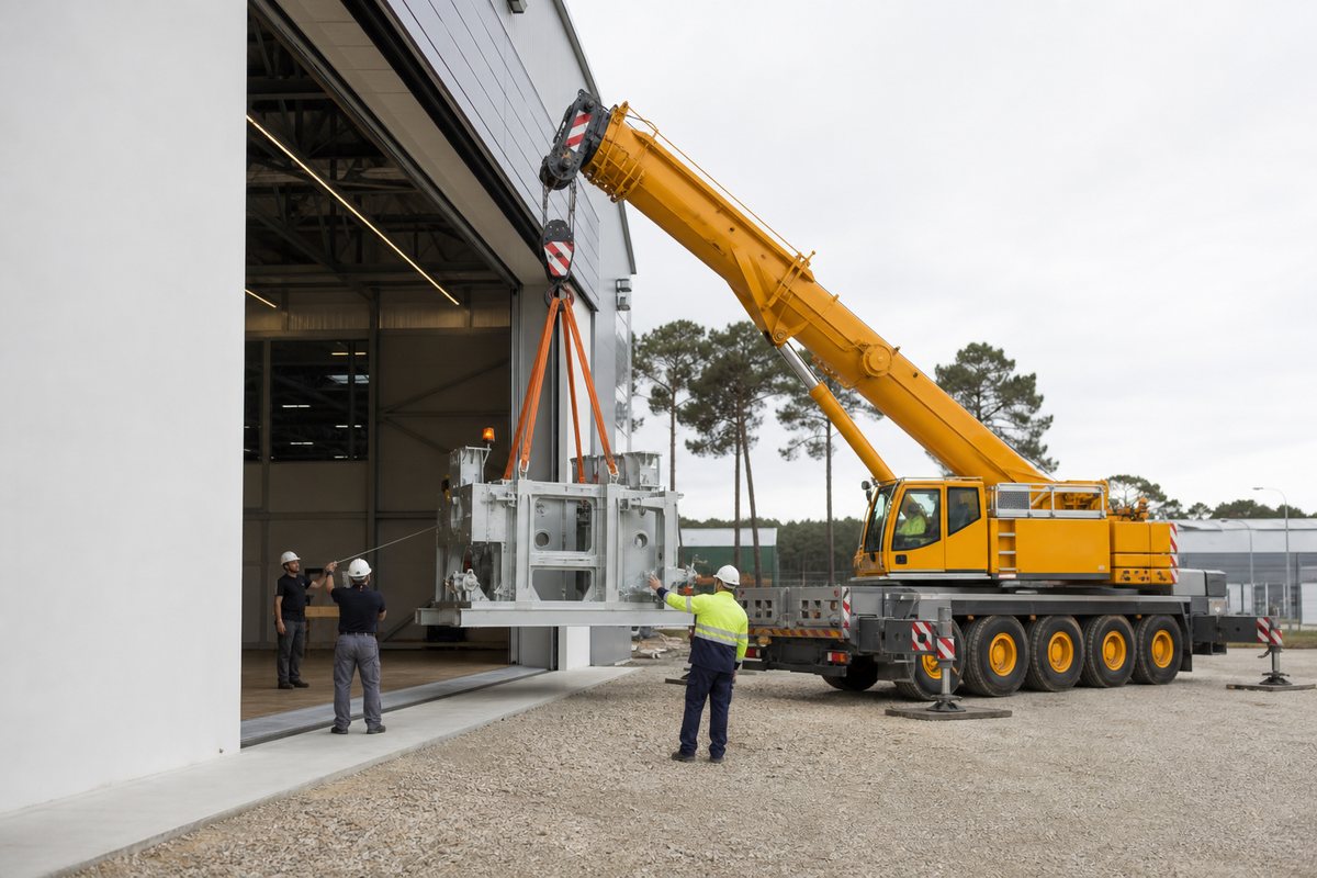 Mise en situation d’un grue mobile automotrice avec une équipe de levage pour levage d'outillage aéronautique, zone industrielle du phare, dans un environnement inspiré de Mérignac