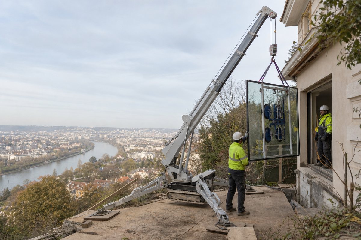 Mise en situation d’un mini-grue araignée avec une équipe de levage pour rénovation de villa sur coteau, dans un environnement inspiré de Meudon