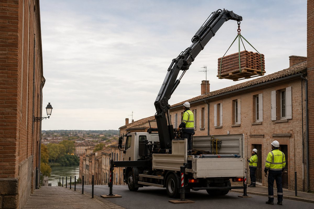 Mise en situation d’un camion-grue européen avec une équipe de levage pour réfection de toiture en brique et tuile canal, dans un environnement inspiré de Montauban