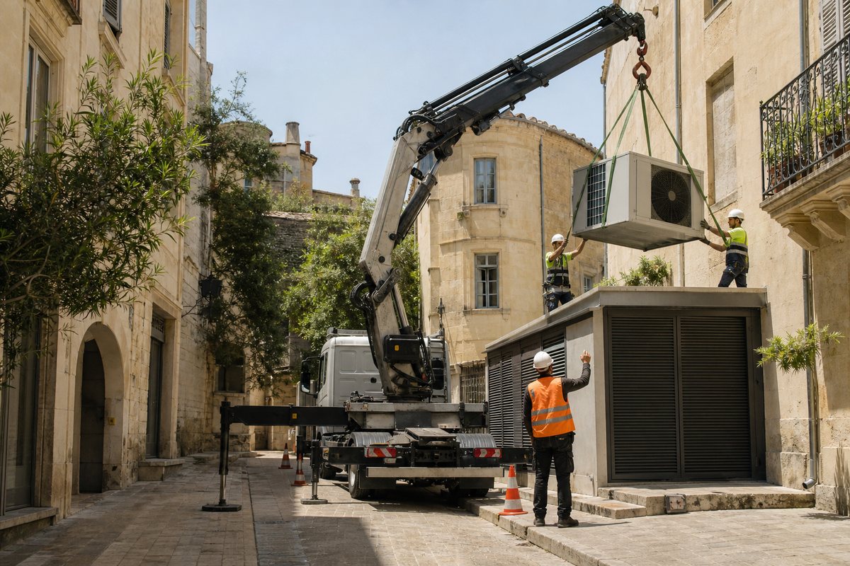 Mise en situation d’un camion-grue européen avec une équipe de levage pour charpente de logements, port marianne, dans un environnement inspiré de Montpellier
