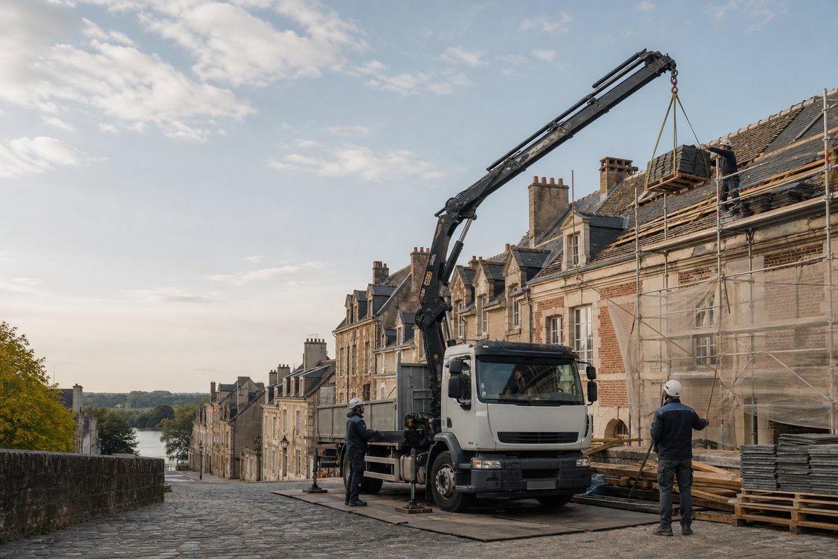 Mise en situation d’un camion-grue européen avec une équipe de levage pour charpente d'un pavillon, faubourg d'avermes, dans un environnement inspiré de Moulins