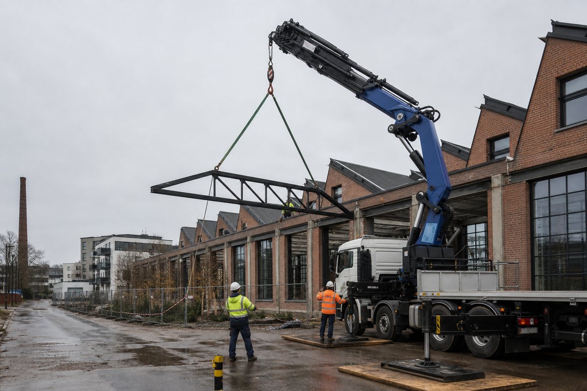 Mise en situation d’un camion-grue européen avec une équipe de levage pour remplacement de toiture en cité ouvrière à bourtzwiller, dans un environnement inspiré de Mulhouse